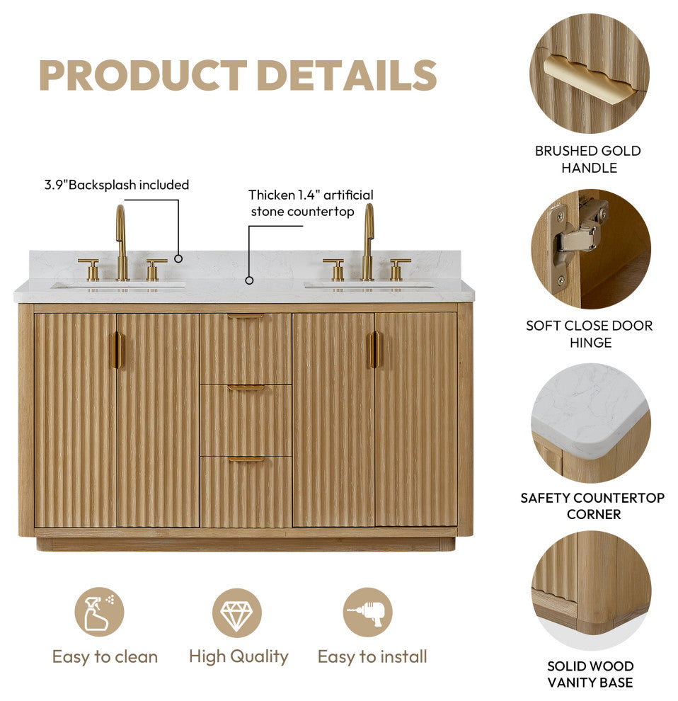 Vinnova Cadiz Bath Vanity, Composite Stone Top, Washed Ash Grey, 60", With Mirror