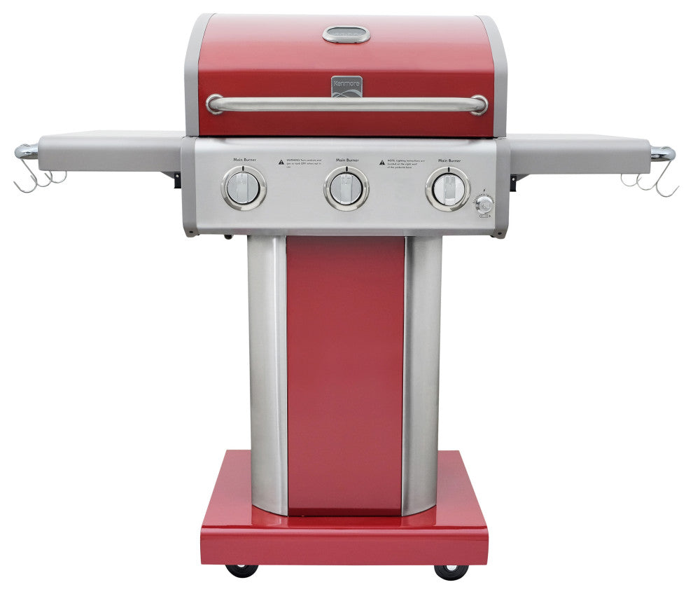 Kenmore 3 Burner Gas Grill with Side Shelves, Red