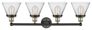 Large Cone 4-Light 35" Vanity Light, Black Antique Brass Finish, Clear Shade
