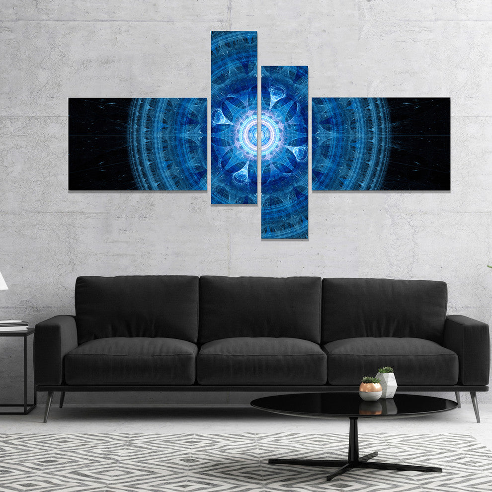 Bright Blue Fractal Sphere, Abstract Wall Art Canvas, 60"x32", 4 panels