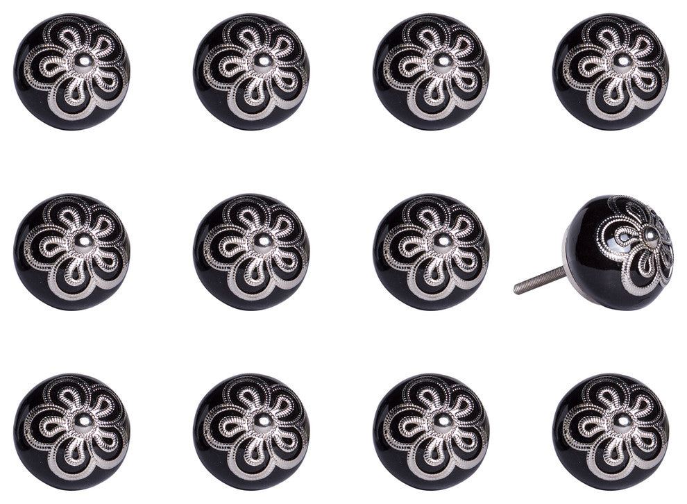 Knob-It Vintage Handpainted Ceramic Knobs, Set of 12, Light Blue/Silver