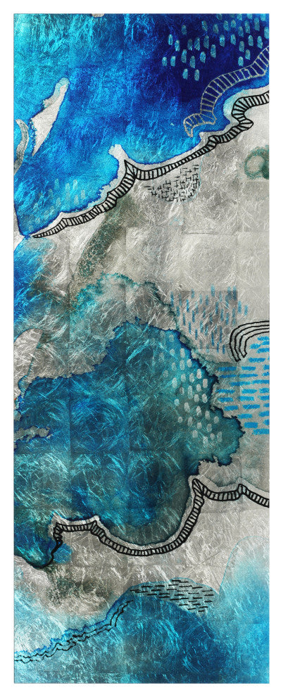 "Subtle Blues B" Abstract Wall Art Reverse Print Tempered Glass With Silver Leaf