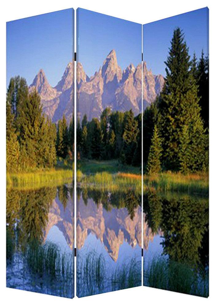 HomeRoots 1" x 48" x 72" Multi Color Wood Canvas Mountain Peaks Screen