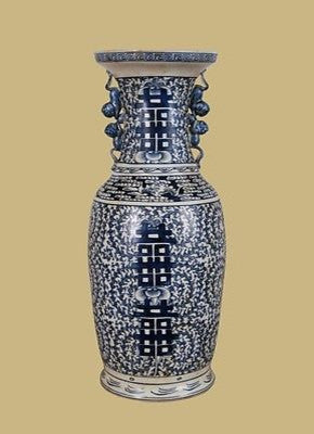 Oriental Blue and White Double Happiness Porcelain Vase 24"