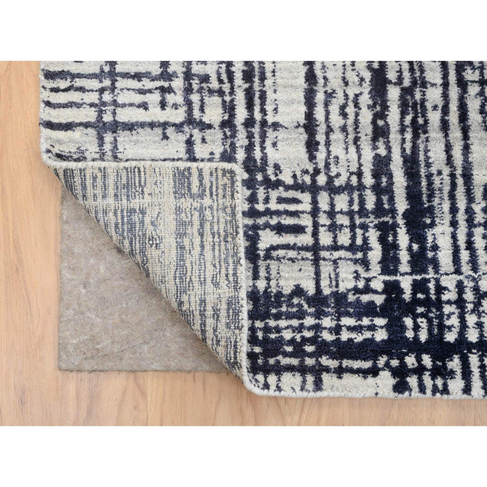 Black, Modern Erased Lines Design, Wool and Silk Hand Loomed Rug, 10'0"x13'9"