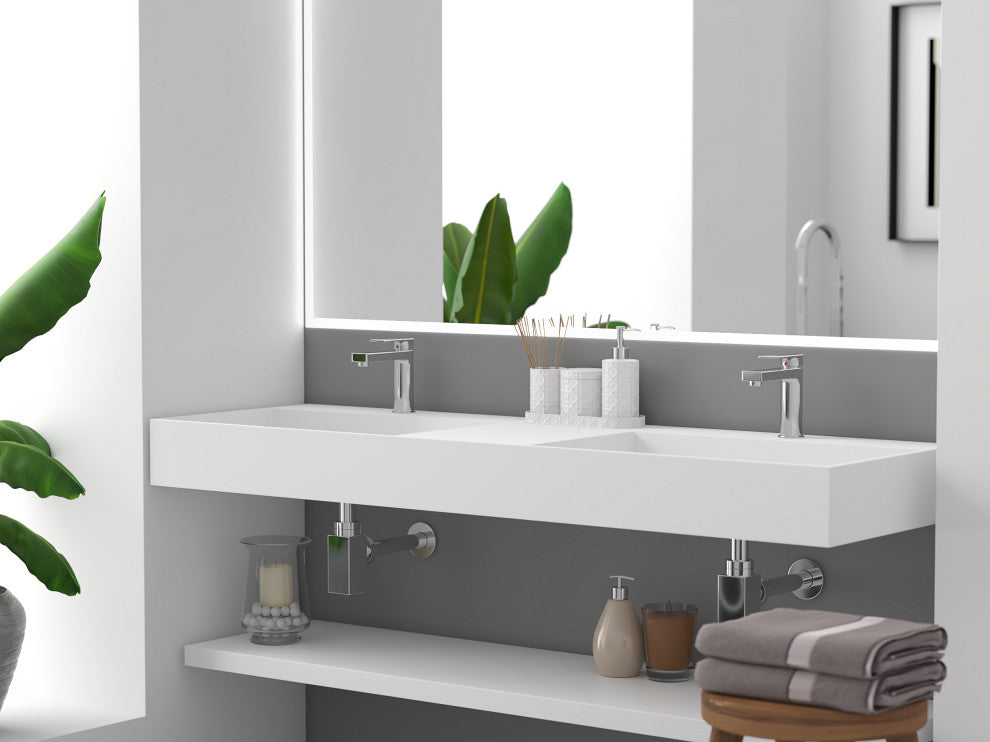 CastelloUSA Juniper Wall Mounted Countertop Concealed Drain Basin Sink, White, 60, Double Basin, Standard