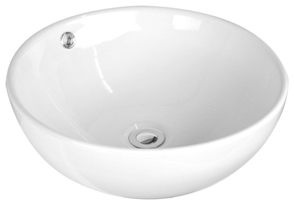 Sutherland White Ceramic Round Vessel Bathroom Sink, Pop up drain