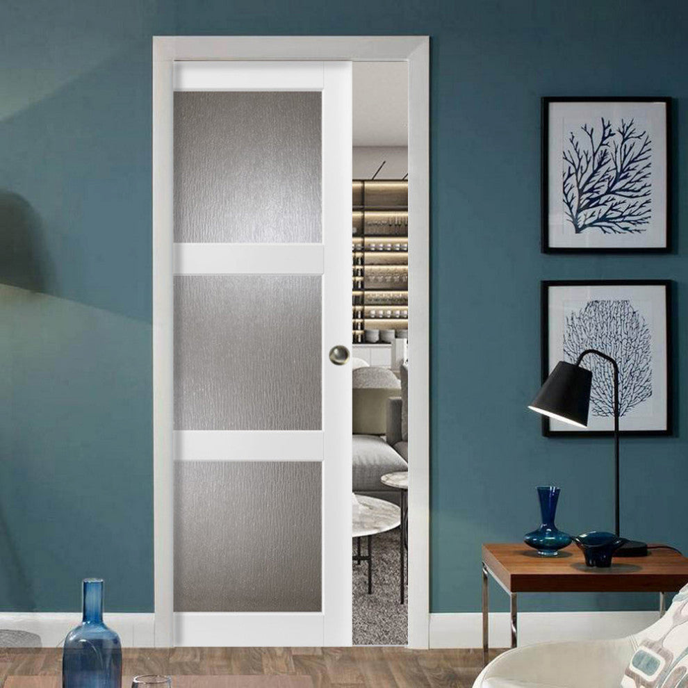 Sliding Pocket Door 36 x 80, Lucia 2588 White & Rain Glass, Rails