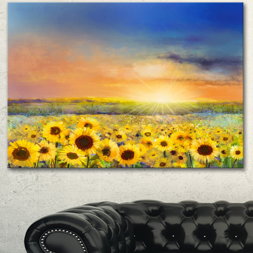 Sunset over Golden Sunflower Field, Floral Canvas Art Print, 40"x30"
