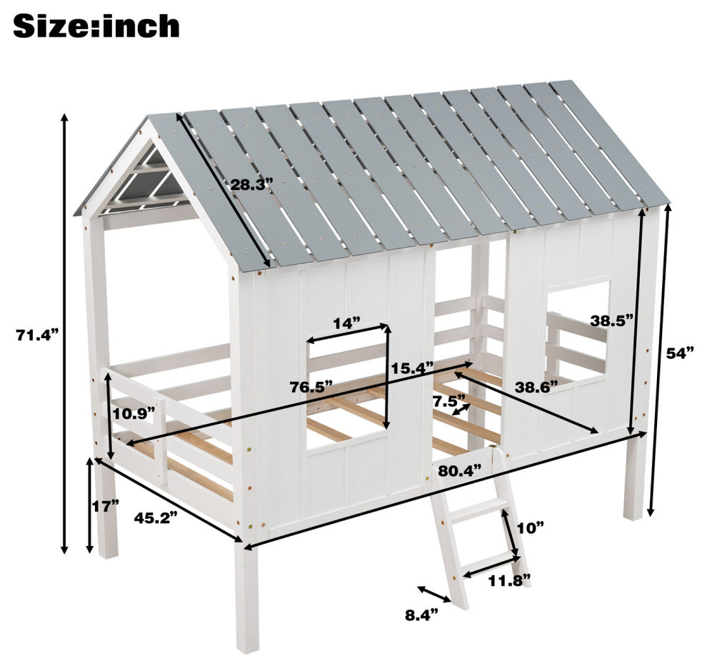Gewnee Twin Size Low Loft House Bed with Roof and Two Front Windows in White