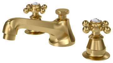 Classic Widespread Deck Mount Lavatory Faucets, Satin Gold With Pop-Up Drain