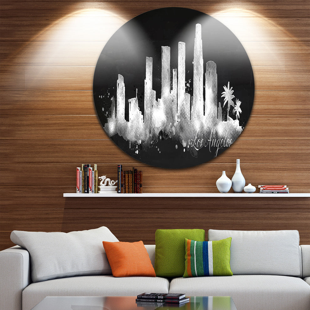 Los Angeles Dark Silhouette, Cityscape Painting Disc Metal Artwork, 23"
