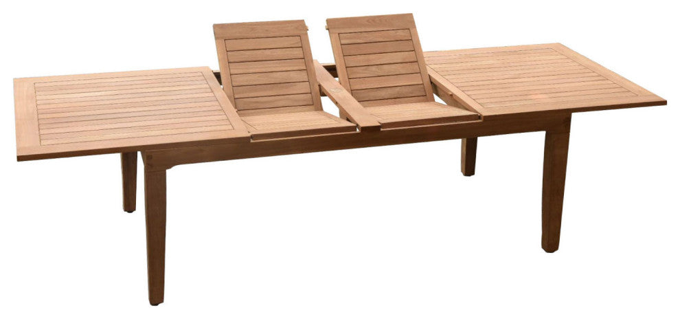 11 Piece Teak Dining Set, 122" Double Rectangle Table, 10 Nain Stacking Chairs