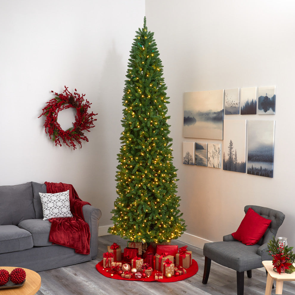 10' Slim Green Mountain Pine Artificial Christmas Tree With 800 Clear LED Lights