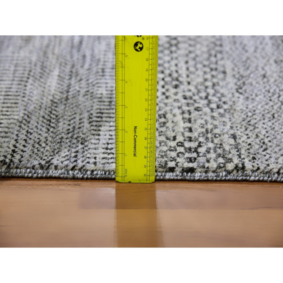Metallic Gray Grass Design Undyed Wool Hand Knotted Wide Runner Rug 4'1"x12'1"
