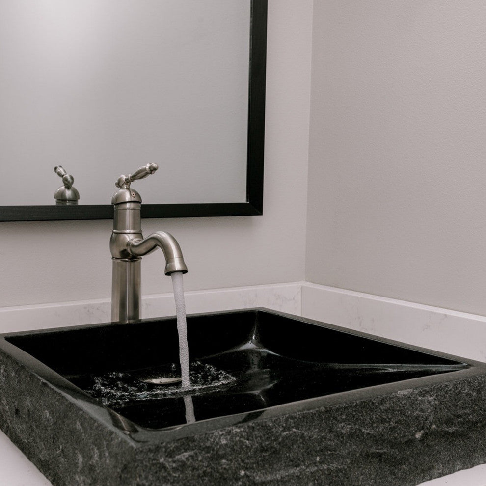 Natural Black Granite Square Vessel Sink with Chiseled Exterior and Drain, Brushed Nickel