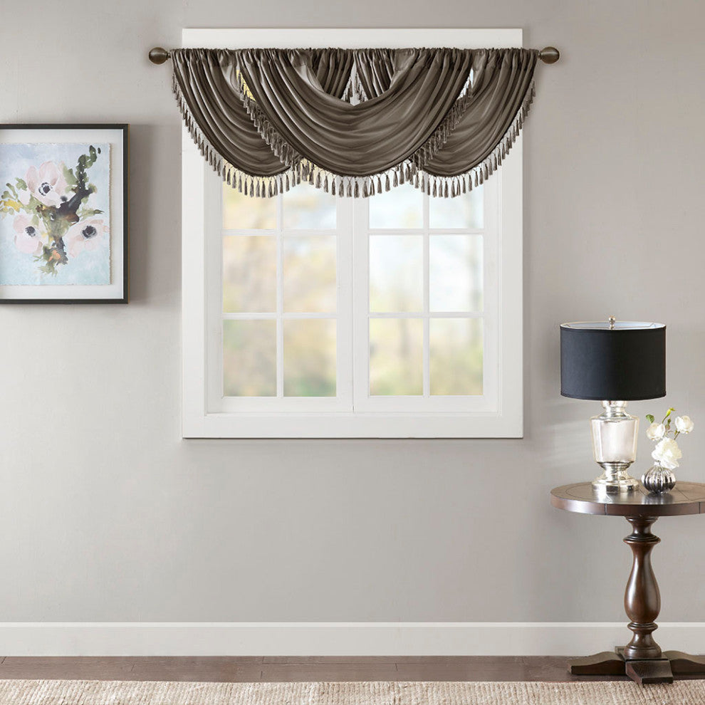 Madison Park Elena Silky Sheer Window Valance with Tassels, Bronze, Brown
