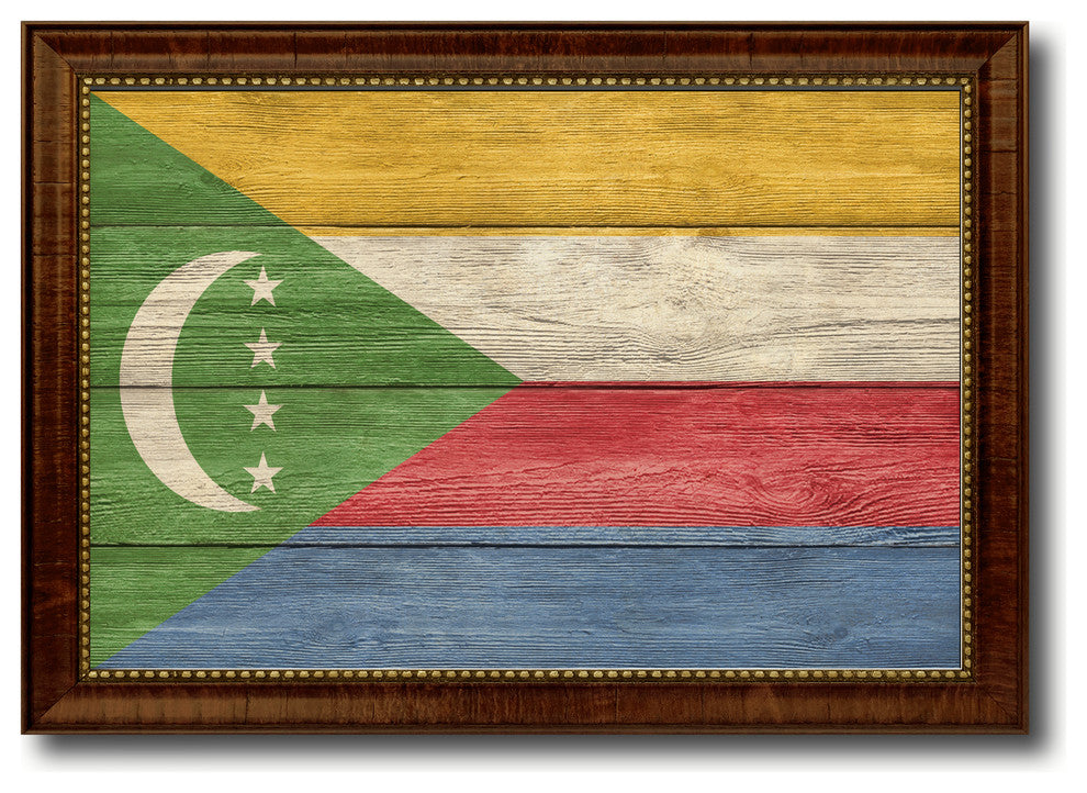 Comoros Country Textured Flag Print With Brown Gold Frame, 15"X21"