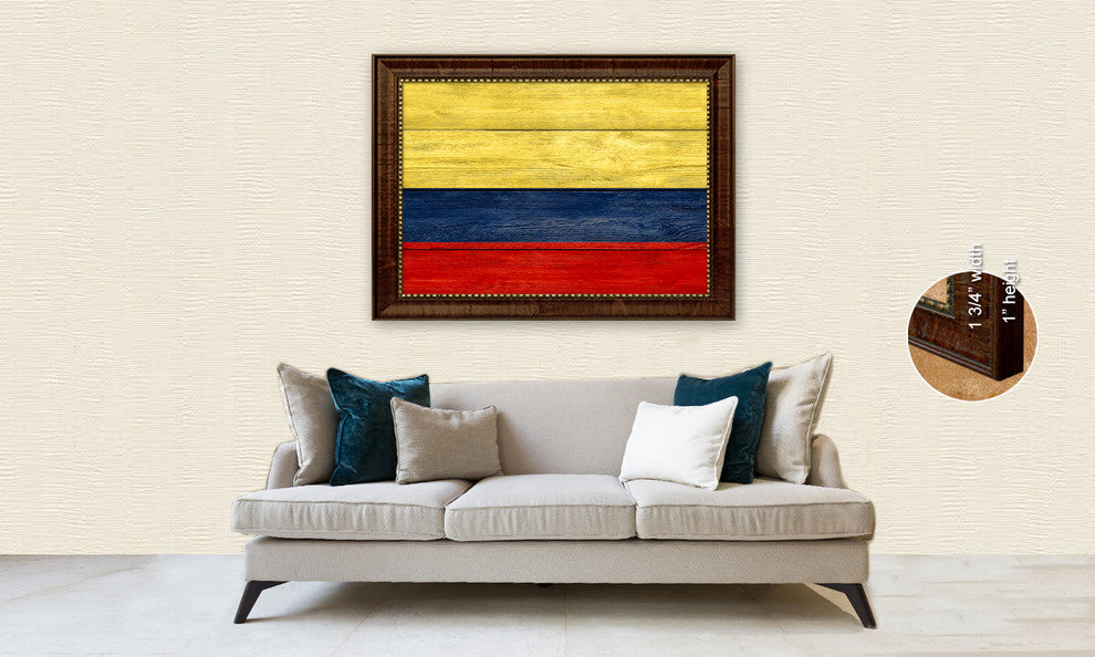 Colombia Country Textured Flag Print With Brown Gold Frame, 19"X27"