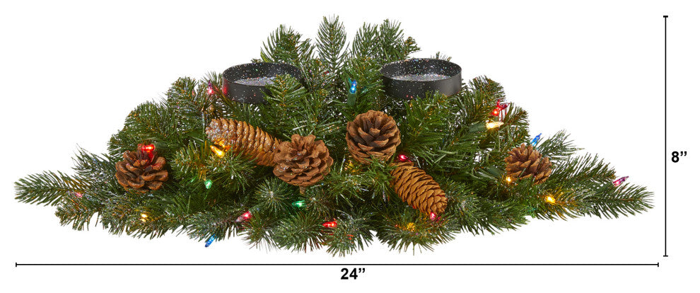 24" Flocked & Glittered Faux Xmas Double Candelabrum With 35 Lights & Pinecones