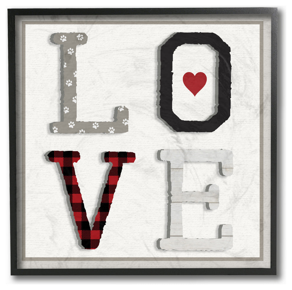 L O V E Texture Collage Dog Paw Print, 12"x12", Framed Giclee Texturized Art