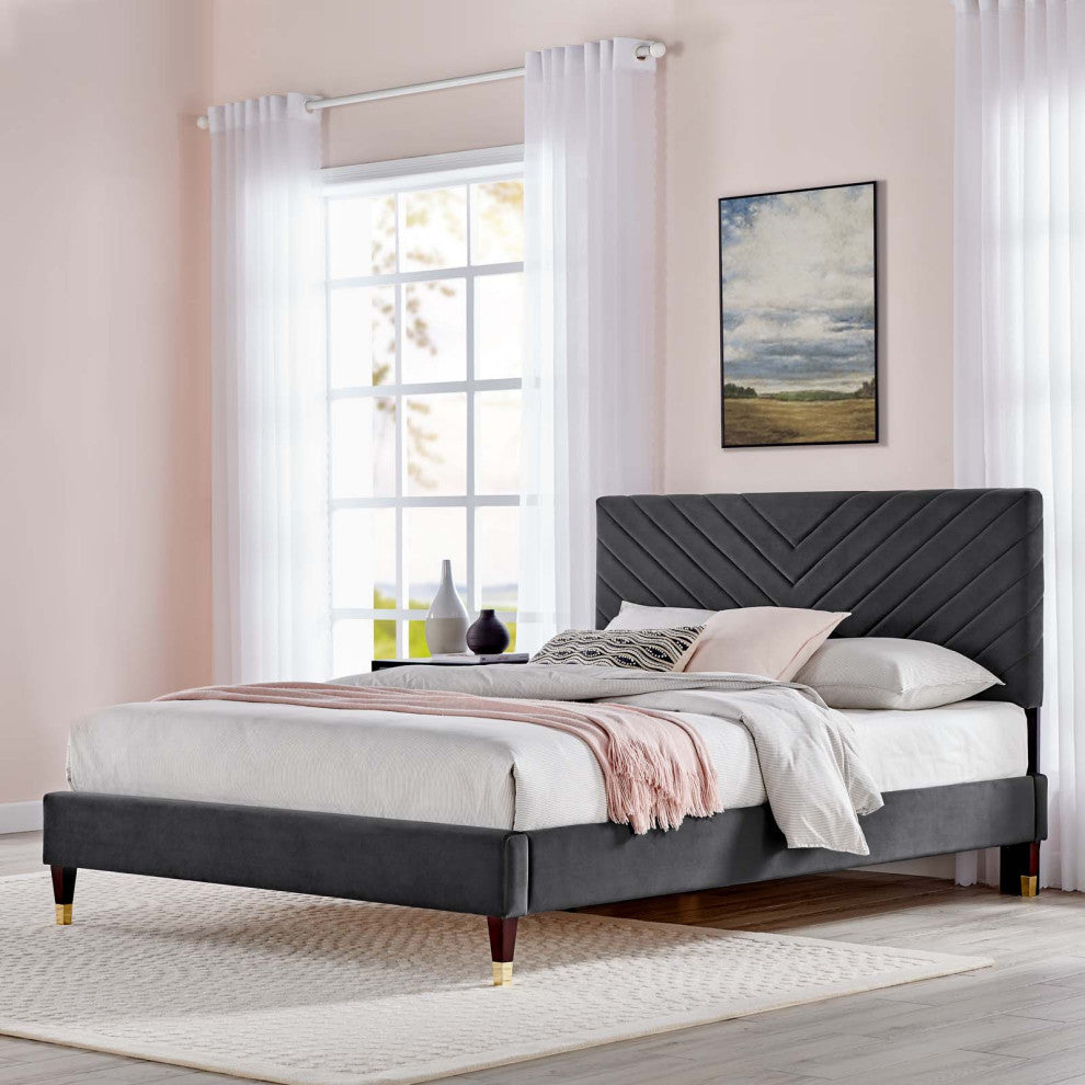 Platform Bed Frame, Queen Size, Charcoal Gray, Velvet, Modern, Guest Suite
