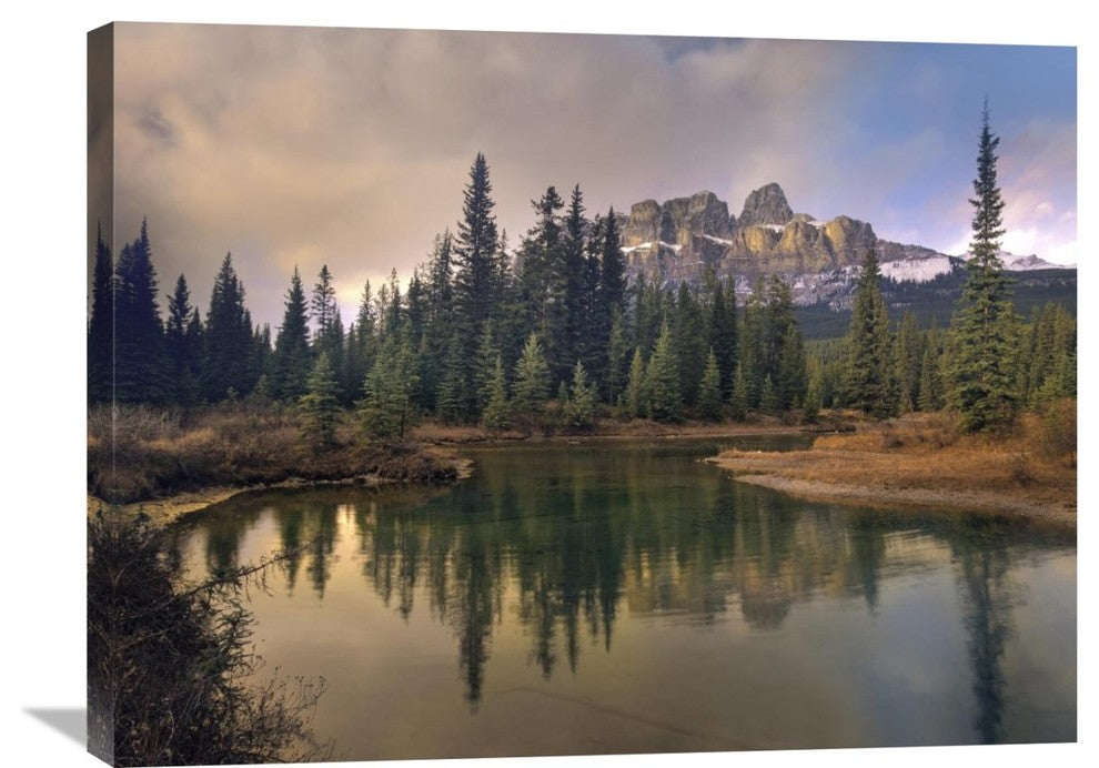 "Castle Mountain And Boreal Forest Reflected In Lake, Alberta, Canada" Artwork