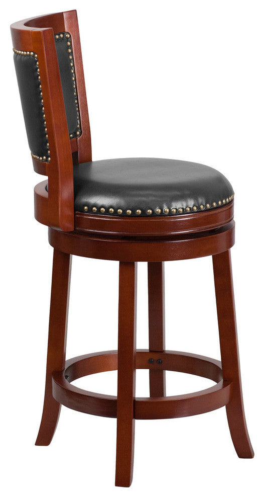 26" High Dark Cherry Wood Counter Stool With Walnut Leather Swivel Seat