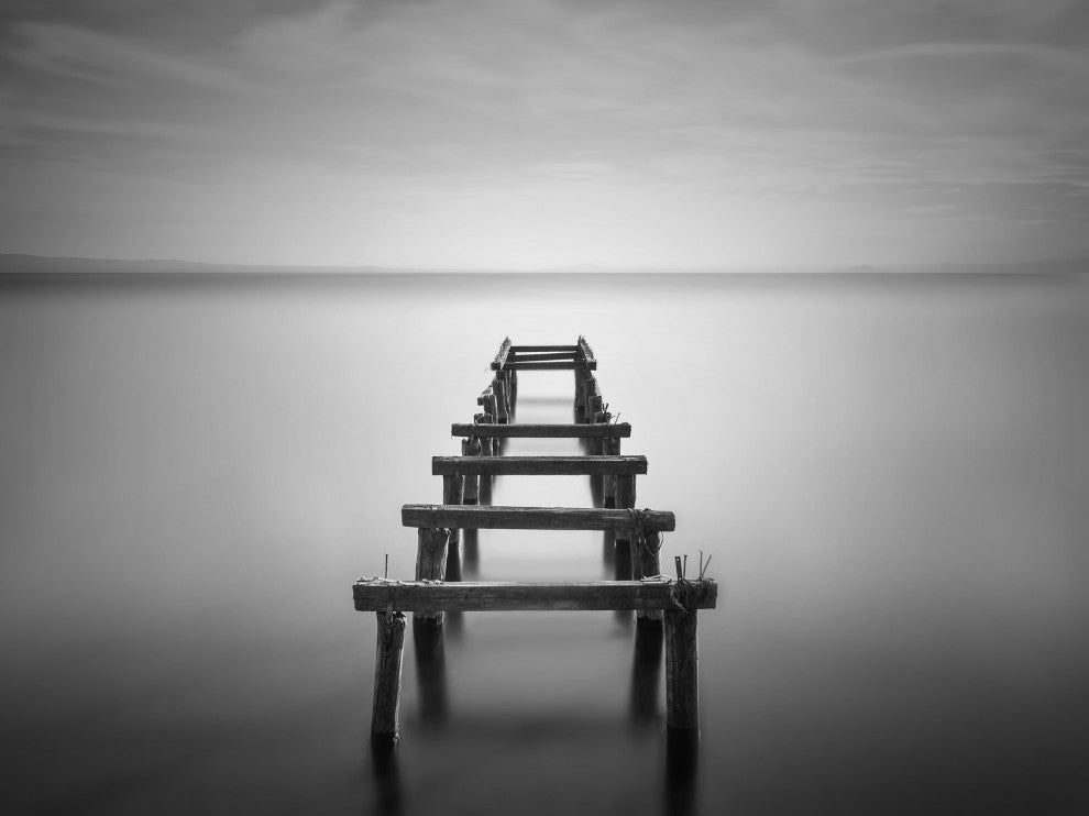 Soft Lake & Abandoned Pier Black & White Landscape Photo Loose Wall Art Print, 18" X 24"