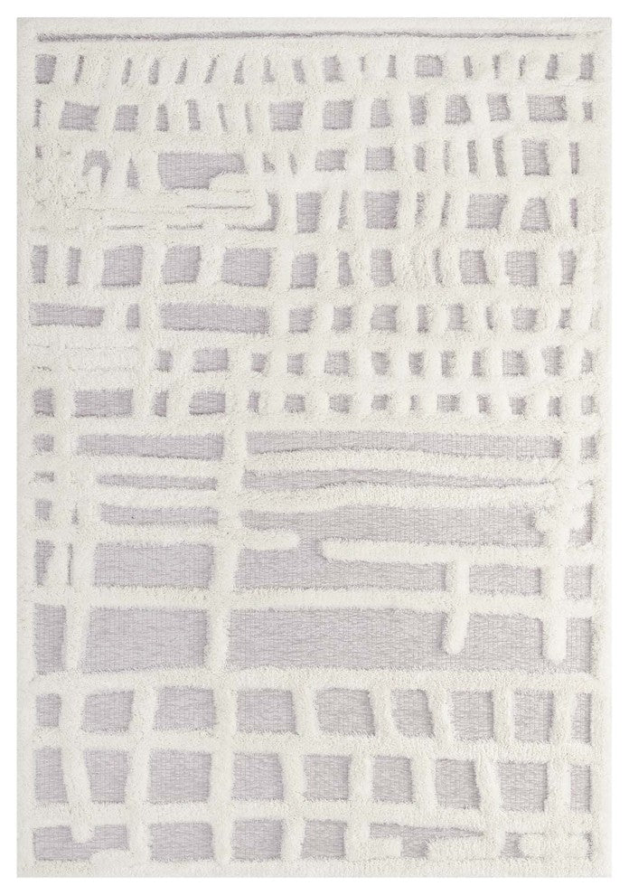 Ladder Abstract Plaid Lattice 5x8 Shag Area Rug Ivory and Light Gray