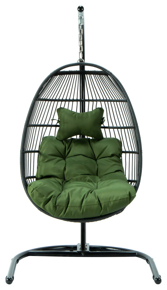 LeisureMod Wicker Folding Hanging Egg Swing Chair, Dark Green