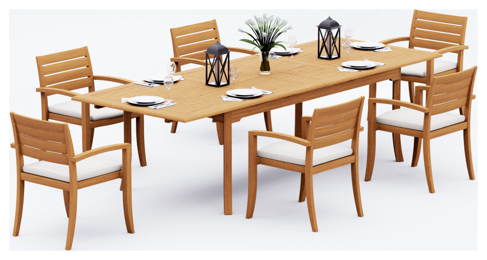 7-Piece Outdoor Teak Dining Set: 94" Rectangle Table, 6 Trav Stacking Arm Chairs