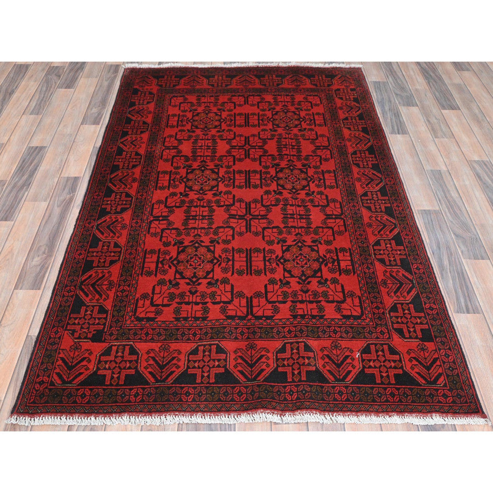 Red, Afghan Andkhoy, Wool, Hand Knotted Oriental Rug, 4'2"x6'5"