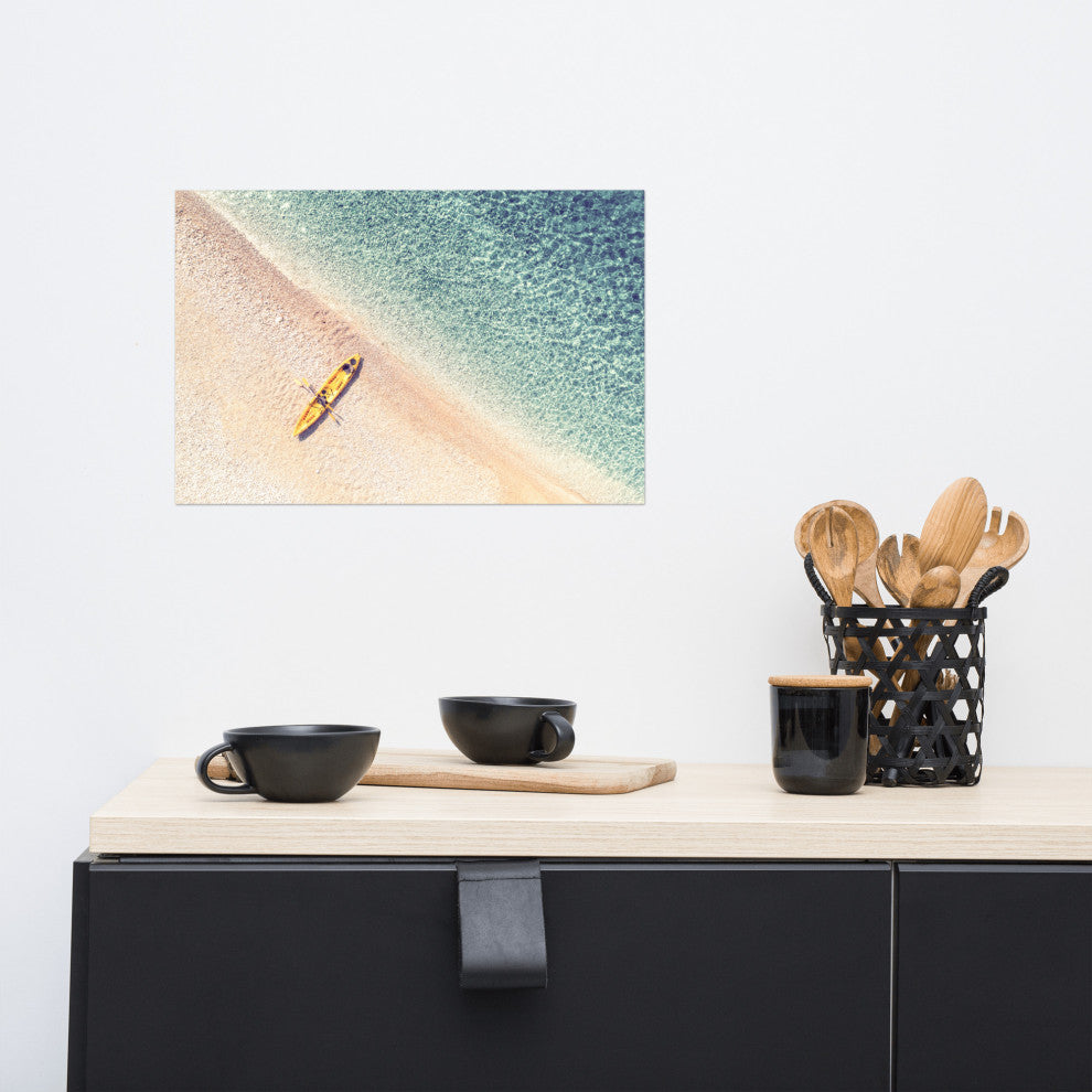 Yellow Canoe & Blue Sea with Soft Violet Effect Landscape Photo Loose Art Print, 12" X 18"