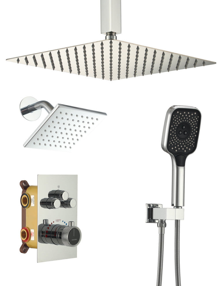 CASAINC 12" Ceiling Mounted Rainfall Shower System Set w Dual Shower Head, Chrome