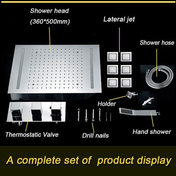 Venice Rectangular Thermostatic LED Shower Set With 4" Jet Body Massage