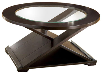 Benzara BM217446 Round Glass Coffee Table & End Table with X Shaped Base, Brown