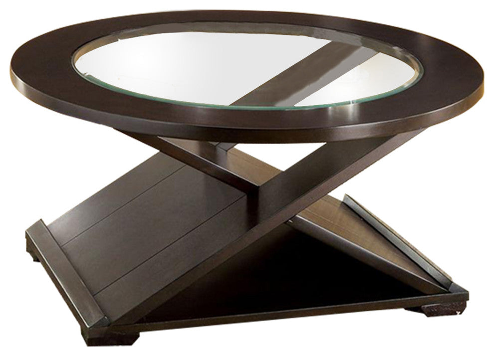 Benzara BM217446 Round Glass Coffee Table & End Table with X Shaped Base, Brown