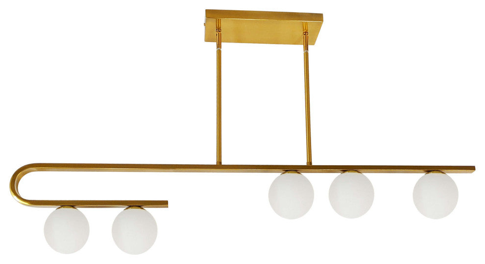 5 Light Halogen Aged Brass Horizontal Pendant w/ White Glass