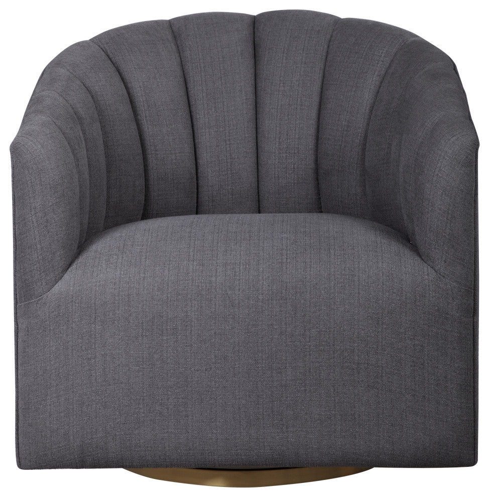 Charcoal Gray Modern Barrel Back Swivel Chair Channel Tufted Bronze Mid Century