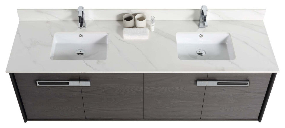 Oakville Wall Mount Bathroom Vanity, Black Coal Oak, 72", Chrome Hardware