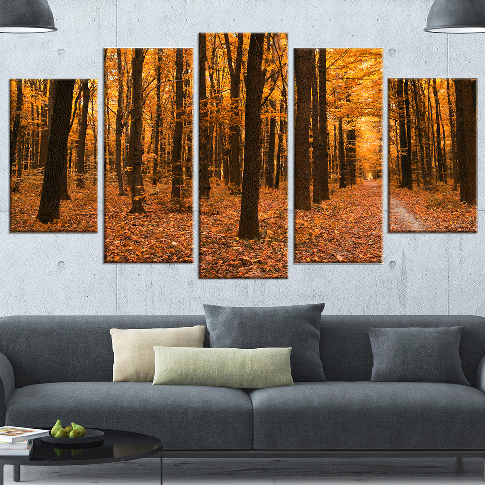Yellow Trees and Fallen Leaves, Modern Forest Canvas Art, 60"x32", 5 Panels