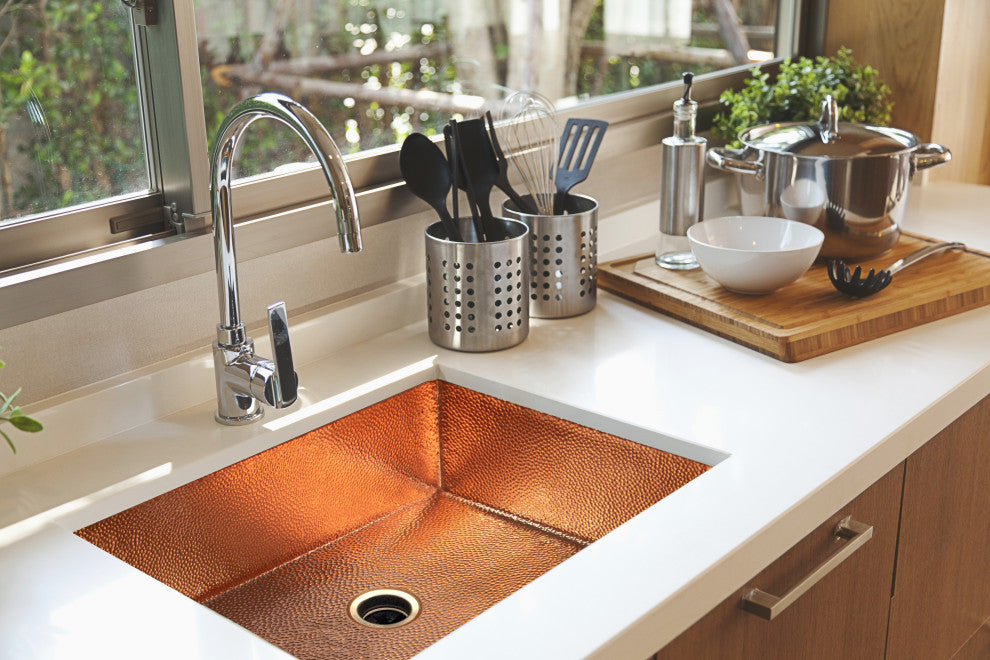 33" Drop-in Single Bowl Hammered Copper Kitchen Sink, 16 Gauge