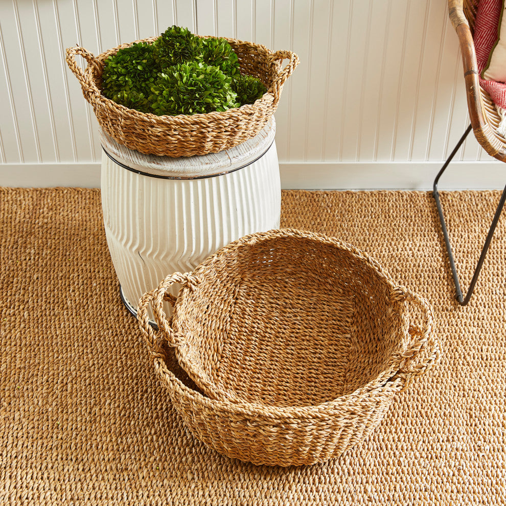 Set of 3 Woven  Sea Grass Shallow Storage Baskets Round 20 18 16 in Natural Spa