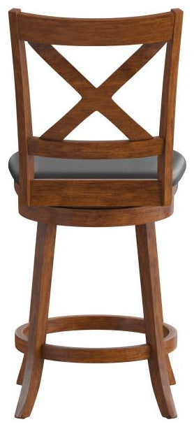 Felicity Wood Crossback Swivel Counter Height Barstool with Upholstered Seat, Black Vinyl/Antique Oak Frame