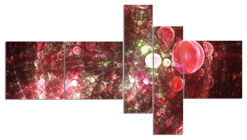 Red Spherical Planet Bubbles, Abstract Canvas Art Print, 60"x32", 5 panels
