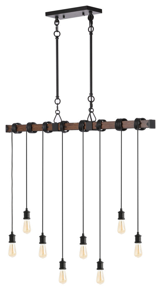 40" 8-Light Driftwood Iron LED Linear Chandelier With Height Adjustable Bulbs