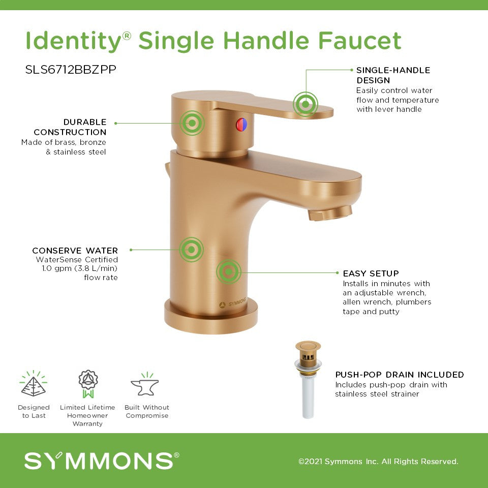 Identity Single-Handle Single Hole Faucet With Drain Assembly, 1.0 gpm, Brushed Bronze, Push Pop Drain