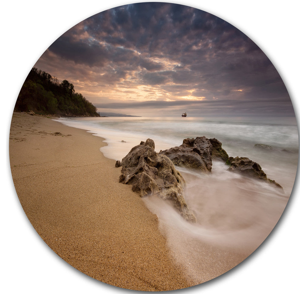 Peaceful Seashore With White Waves, Beach Large Disc Metal Artwork, 23"