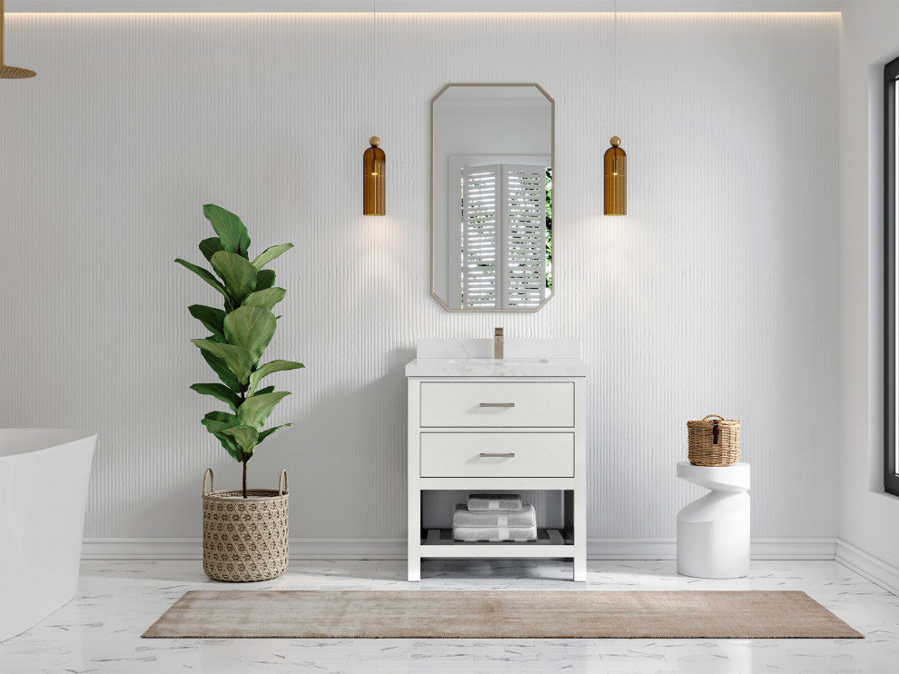 Parker 30 Single Sink Bath Vanity in White 2" Calacatta Nuvo